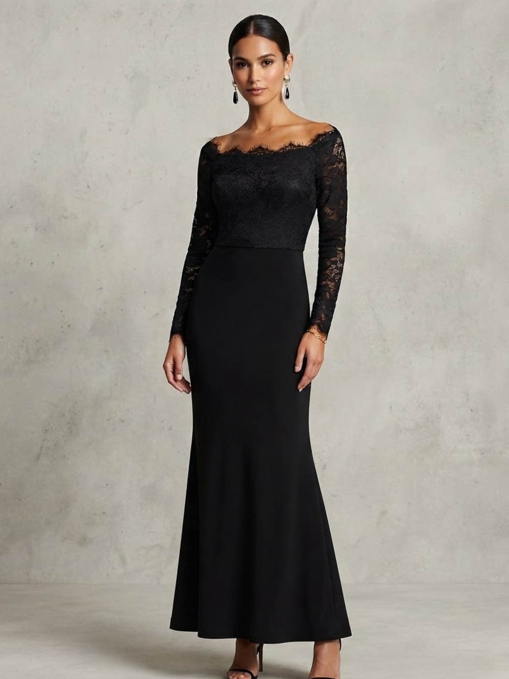 Abyss by Abby Black Lace Off-the-Shoulder Long Sleeve Maxi Evening Dress